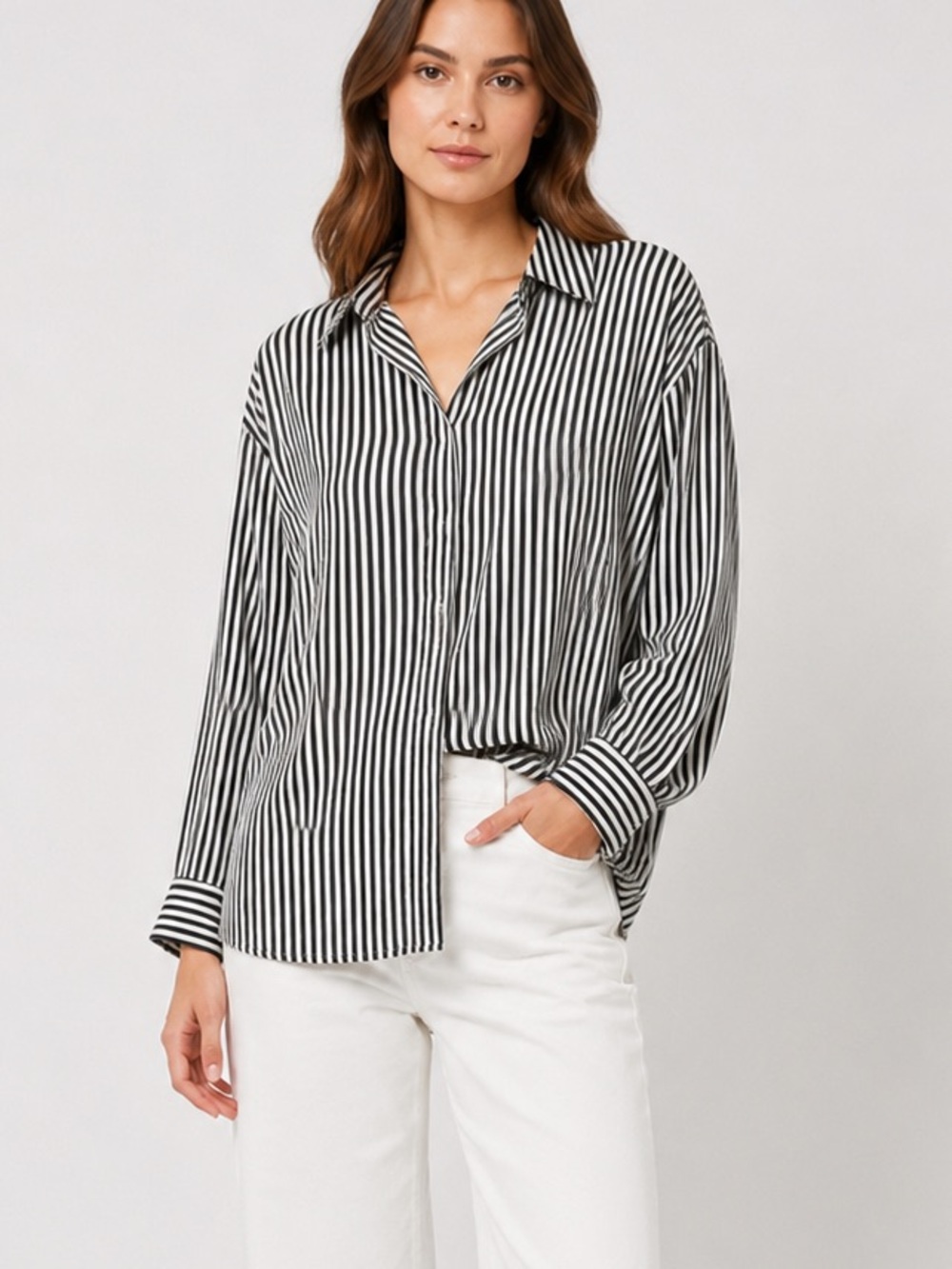 MNG Mango Black White Striped Silky Button Down Blouse Size L Oversized
